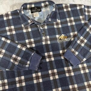 90s Vintage Grand Prix Equestrian Plaid‎ Henley Shirt | Blue Multi | Large